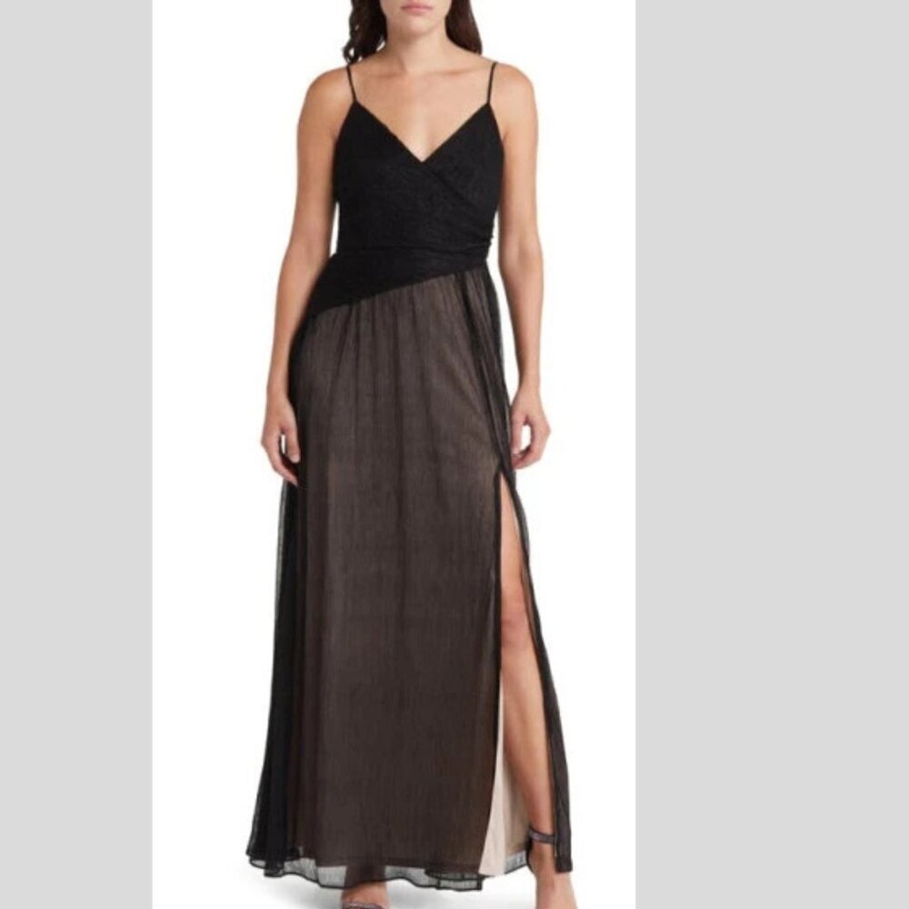 New! Jewel Badgley Mischka Metallic Sleeveless Side Slit Maxi Dress 22753